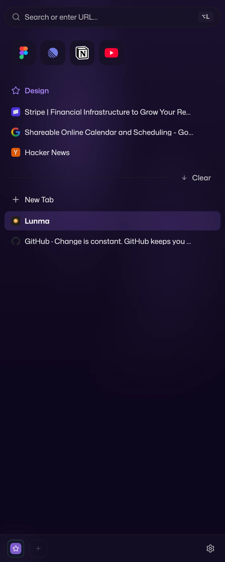 The Lunma sidebar for a purple Design Space: a favourites row, three pinned tabs, and temporary tabs, all with real favicons.